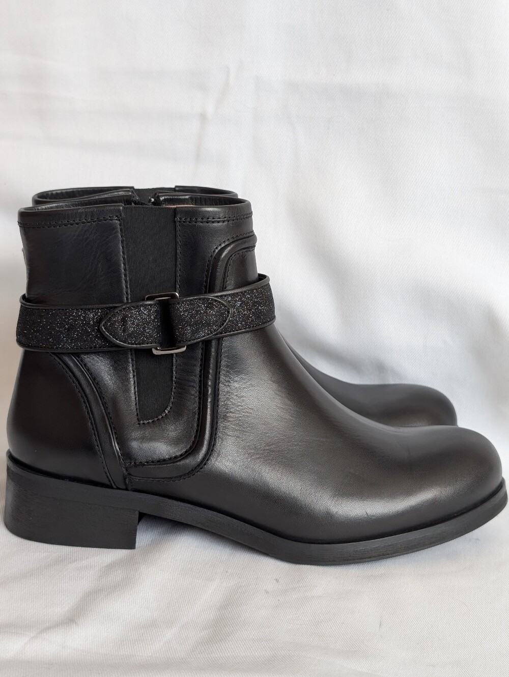Marina Rinaldi Black Leather Ankle Boots Glitter Wrap Strap Zip EU 40 US 9